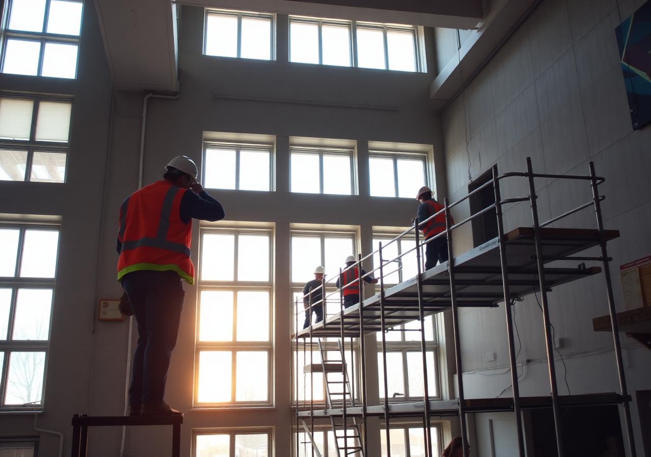 Construction crew renovating a large institutional building interior